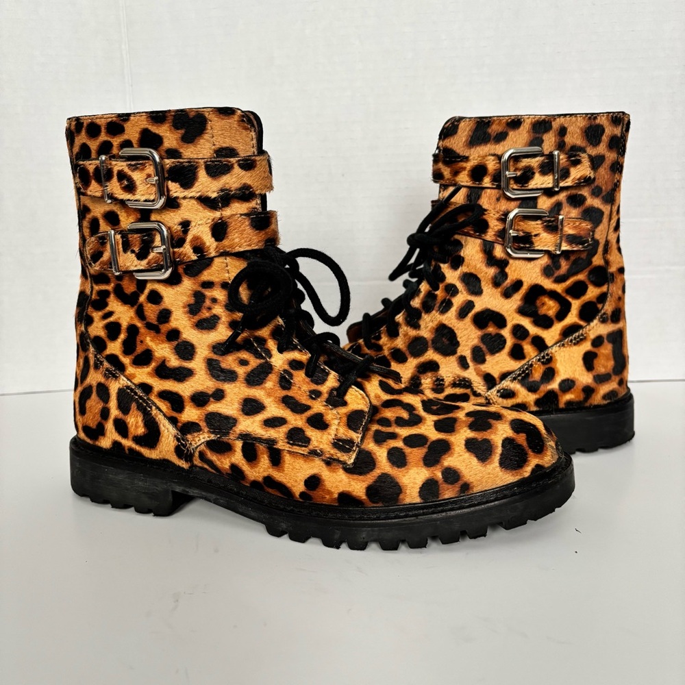 ANTONIO MELANI Women’s Leopard Print Calf Hair Combat Boots Size 7.5